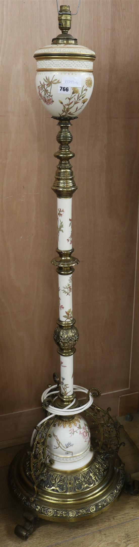 A Victorian cast brass and Royal Worcester lamp standard H.148cm